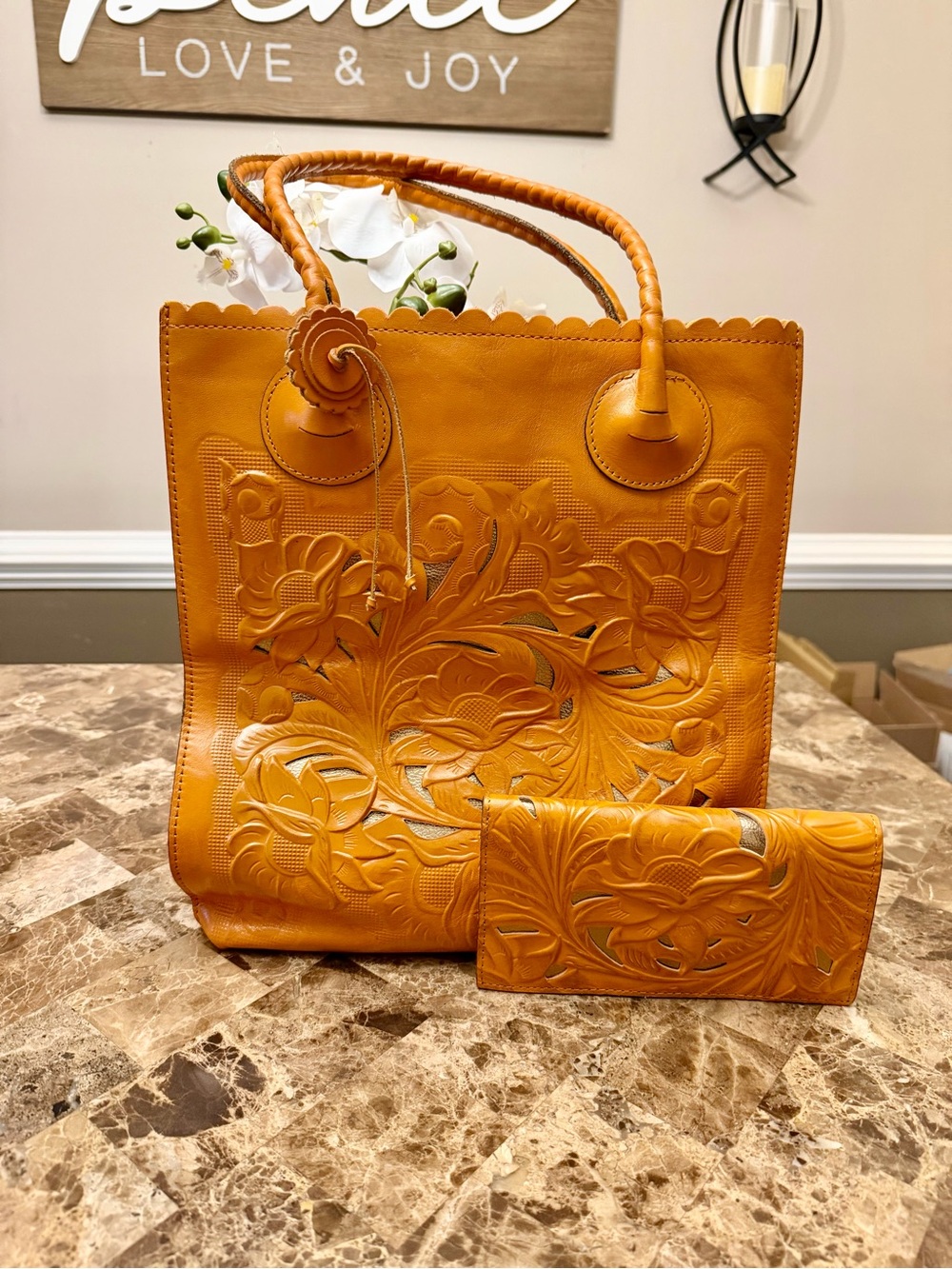 Patricia Nash Hand-Tooled Floral Leather Tote and Wallet - Caramel Brown